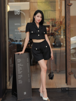 Rose Set - Set áo croptop nữ tay phồng đính khuy, nút hoa hồng