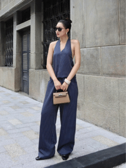 [Cao Cấp] Effortless Stripes Set - Set  Xanh Navy Kẻ Sọc Trắng, Cổ Yếm, Hở Lưng Tinh Tế